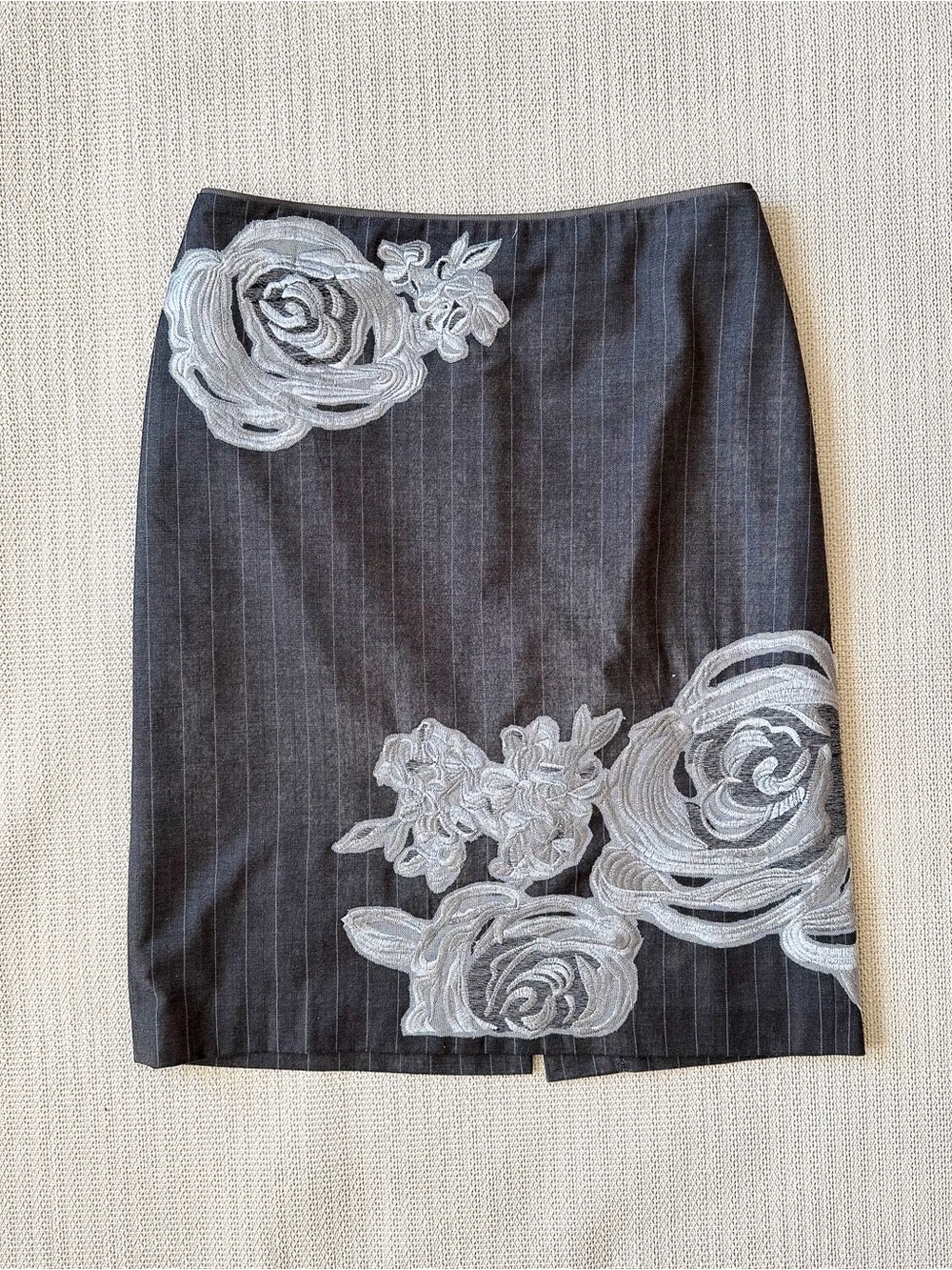 Embroidered Floral Pinstripe Pencil Skirt Grey and White Grunge Office